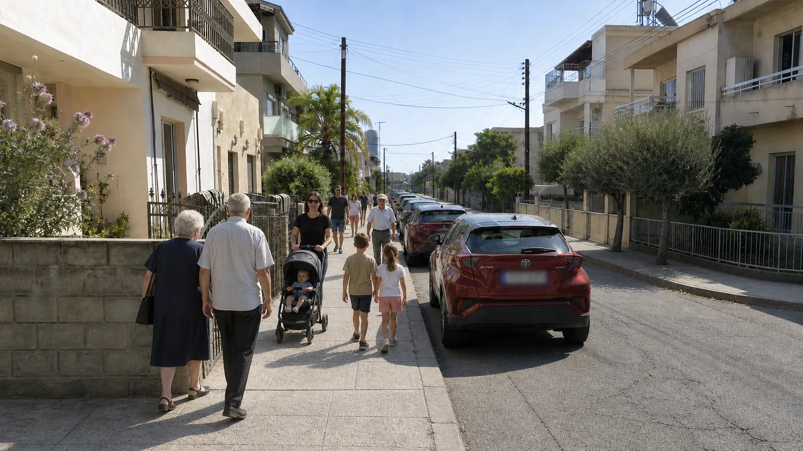 Δρόμος κατοικιών στην Κύπρο μετά την αλλαγή: κόσμος περπατά σε φαρδύ πεζοδρόμιο, τα αυτοκίνητα σταθμεύουν σε διαγραμμισμένη σειρά κατά μήκος του κρασπέδου